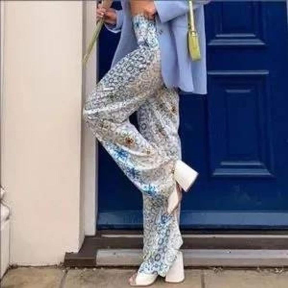 ZARA Pants Womens M Capri Blue Tile Print Wide Leg Patchwork Boho Mediterranean